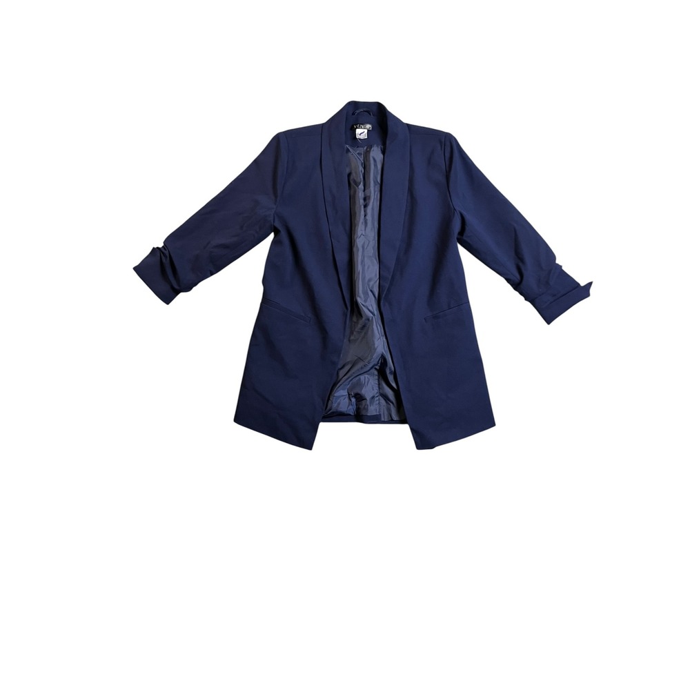 Venus Womens Navy Blue Open Front Ruched 3/4 Sleeve Shawl Collar Blazer Size 6 - Picture 2 of 11